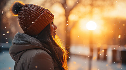 Poster - A young woman breathes in the fresh air in winter