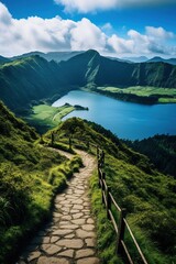 Wall Mural - Walking path to the lake in the mountains, Azores, Portugal