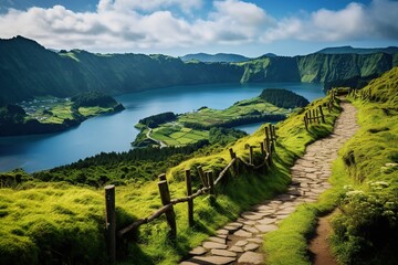 Wall Mural - Walking path to the lake in the mountains, Azores, Portugal