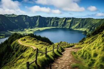 Wall Mural - Walking path to the lake in the mountains, Azores, Portugal