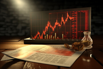 Poster - a yuan banknote with the china flag is juxtaposed with a bar chart, symbolizing china's economy and 