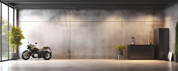 A high-definition image of a modern concrete garage interior with a mock-up space and blurry walls, featuring clean and shiny surfaces with a symmetrical grid line texture.