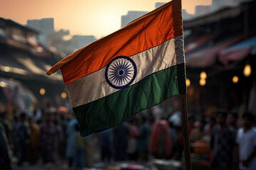 Sticker - The Indian flag unfurled at a bustling street market in New Delhi. Concept of cultural diversity and unity. Generative Ai.