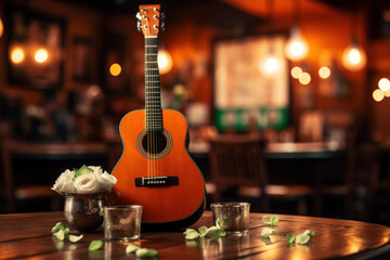 Canvas Print - The Irish tricolor flag adorning a lively pub during a traditional music session. Concept of music and conviviality. Generative Ai.