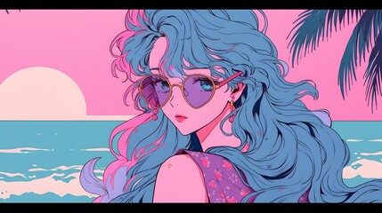 Synthwave anime manga girl, lofi bacground wallpaper design