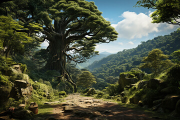 Poster - A Carapa tree, known for its valuable oil-rich seeds, standing tall amidst the diverse rainforest vegetation.