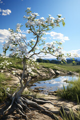 Aufkleber - A Quinine tree with its clusters of white flowers, the source of quinine used to treat malaria.
