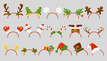 Christmas Headband. Headdress For Party, Festival, Carnival, Holiday. Headband With Elk Horns, Christmas Tree, Snowmen, Mittens, Santa's Hat, Candy Cane, Gifts, Gingerbread Man. Cartoon. Vector.