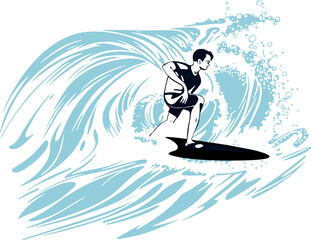 Surfing on a wave in the ocean. Surf rider on big waves. Surfer vector illustration design for t shirt print or club banner.