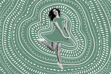 Sticker - Creative poster collage of dancing lovely attractive young female green background ornament pattern surrealism doodle sketch drawing