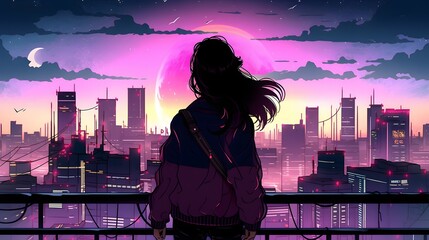 Wall Mural - Synthwave anime manga girl, lofi bacground wallpaper design