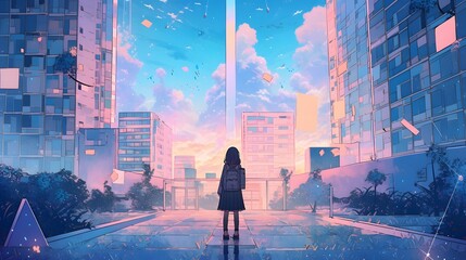 Wall Mural - Synthwave anime manga girl, lofi bacground wallpaper design