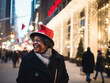 © kalafoto - business people wearing a Santa hat walks down the street on Christmas night