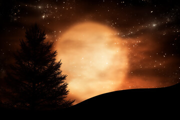 Wall Mural - Large full moon over a winter night landscape - Warm orange and yellow hues - Christmas Xmas season concept