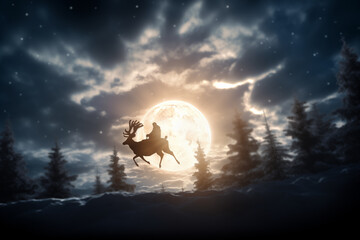 Wall Mural - silhouette of santa clause back lit by a full moon - riding a reindeer 
