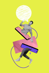 Poster - Vertical collage of funky young guy chatterbox smartphone touchscreen psychedelic picture running person legs isolated on green background