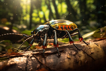 Poster - A Metallic Ground Beetle scurrying across the forest floor, its reflective exoskeleton glinting in the sunlight.