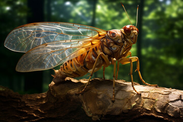 Aufkleber - A Magnificent Cicada clinging to a tree trunk, its transparent wings adorned with intricate patterns.
