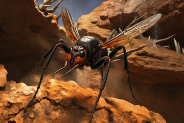 Poster - A Tarantula Hawk Wasp approaching a tarantula burrow, ready to lay its egg on the paralyzed spider.