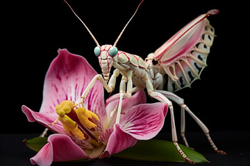 Poster - A vibrant Orchid Mantis perched on a flower, its body mimicking the appearance of an orchid petal to ambush insects.