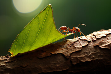 Poster - A Leafcutter Ant carrying a perfectly cut leaf fragment back to its underground colony, showcasing its impressive strength and teamwork.