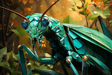 Poster - A Praying Mantis poised on a leaf, its front legs held together as if in prayer, ready to catch unsuspecting prey.