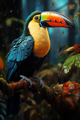 Poster - A colorful Toucan perched on a branch, its oversized bill serving both for feeding and as a display of vibrant colors.