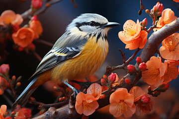 Poster - a bananaquit flitting around vibrant blossoms, its small size and curved beak making it a master of 