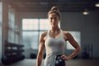 Photography in the style of pensive portraiture of a focused girl in her 30s doing kettlebell exercises in an empty room. With generative AI technology