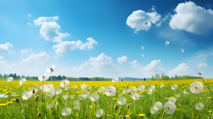 Wall Mural - Spring background, blooming meadow, wild flowers, wide format, copy free space, generative ai