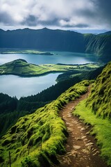 Wall Mural - Walking path to the lake in the mountains, Azores, Portugal