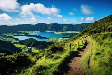 Wall Mural - Walking path to the lake in the mountains, Azores, Portugal