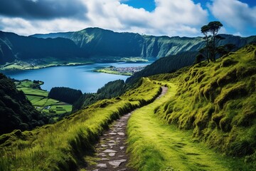 Wall Mural - Walking path to the lake in the mountains, Azores, Portugal