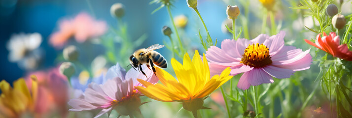 Wall Mural - Bee collecting nectar in a magical floral garden. The wasp sits on flower, works. Seasonal spring summer background. Wide, broad. Bright sunny day. Fairy garden meadow. Macro artistic. Generative AI.