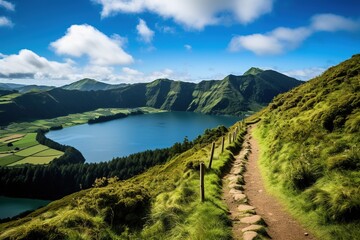 Wall Mural - Walking path to the lake in the mountains, Azores, Portugal