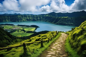 Wall Mural - Walking path to the lake in the mountains, Azores, Portugal