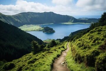 Wall Mural - Walking path to the lake in the mountains, Azores, Portugal