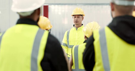 Aufkleber - Factory, workers and group with manager in meeting with tablet for safety inspection and industrial rules for workplace. Manufacturing, team and supervisor speaking or training warehouse staff