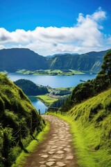 Wall Mural - Walking path to the lake in the mountains, Azores, Portugal