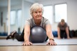 Close-up portrait photography of an exhausted old woman doing exercises on a foam roller in an empty room. With generative AI technology