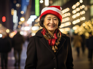 Wall Mural - business people wearing a Santa hat walks down the street on Christmas night