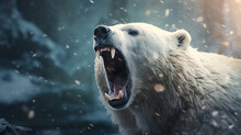 Polar Bear Growls Angrily, Winter Background. Ai Generative
