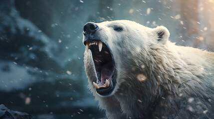 polar bear growls angrily, winter background. ai generative