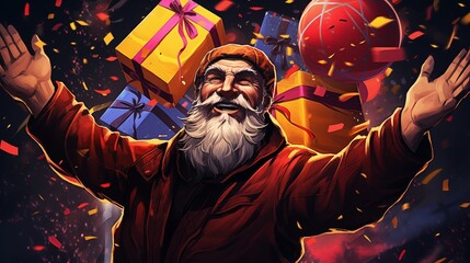 A satisfied man with a long white beard spreads his hands against the background of gifts. Fantasy concept , Illustration painting.