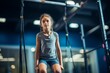relaxed kid female practicing rope climb in a gym
