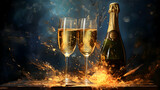 Raising a toast with champagne, celebrating the new year, alkohol splash, bokeh colorful background with free copy space, blank, greetings card, invitation template, generative ai