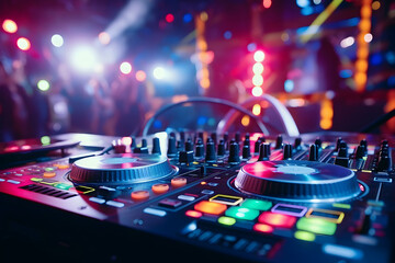 Wall Mural - dj control on a mixer table in a disco club, colorful bokeh background, generative ai