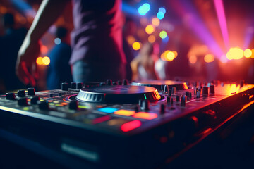 Wall Mural - dj control on a mixer table in a disco club, colorful bokeh background, generative ai