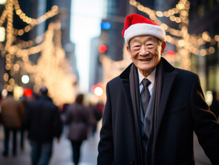 Wall Mural - business people wearing a Santa hat walks down the street on Christmas night