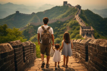 A Family Exploring The Ancient Architecture Of The Great Wall Of China. Concept Of Historical Appreciation And Travel. Generative Ai.